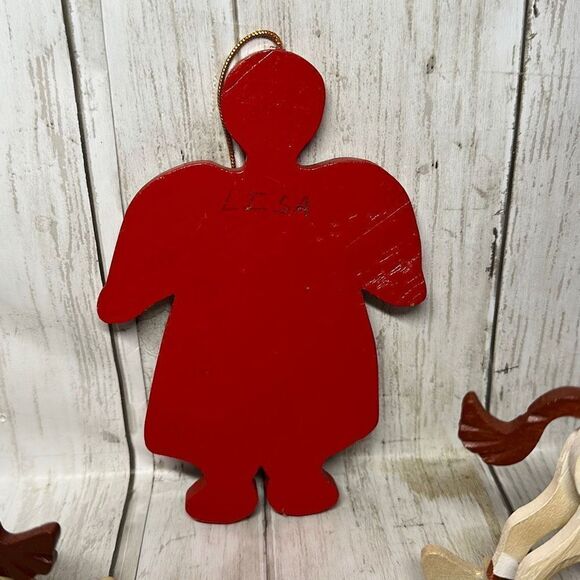 Vintage Wooden Christmas Ornaments 2 Rocking Horses Red Green Dress Lady - Picture 9 of 9